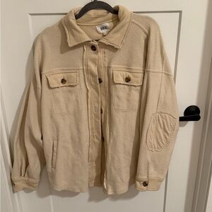 BKE Cream Fleece Shacket Button Front Overshirt Size L Patch Elbow Casual Jacket